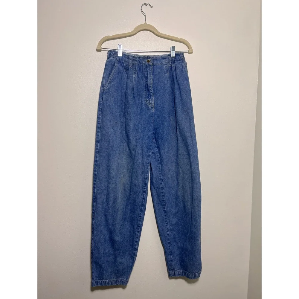 Vintage High Waisted Pleated Mom Jeans Medium Wash Elastic Waist‎ Tapered Leg